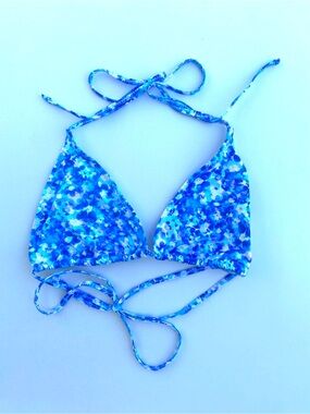 Bright Swimwear Blue Floral Triangle Bikini Top Tie Back Neck Tropical Swim